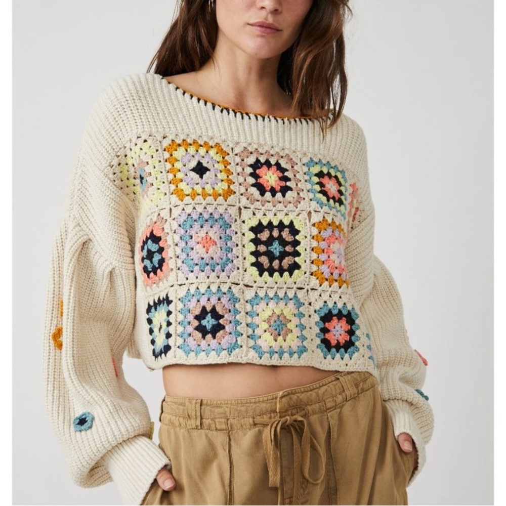 Free people dahlia crochet pullover sweater XS